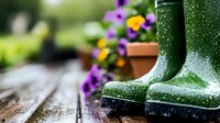 Green rubber boots with water drops on wooden surface near purple pansies in terracotta pot, garden atmosphere after rain, spring gardening concept.