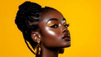 Young African woman with braided updo hairstyle and glamorous makeup featuring golden eyeshadow and burgundy lips against vibrant yellow background. Fashion beauty portrait.