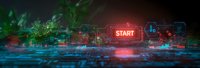 Futuristic digital interface with glowing START button against dark background with circuit patterns and data visualizations for technology concept.