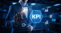 Businessman touching KPI key performance indicator interface with digital analytics icons and metrics dashboard for business intelligence and data analysis.