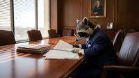 Anthropomorphic raccoon businessman in suit working at executive office desk with laptop and documents in corporate boardroom setting.