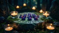Mystical altar with purple crystals and burning candles in dark forest setting for spiritual rituals and meditation practices.