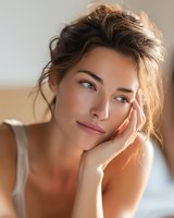Young Caucasian woman with messy bun hairstyle resting chin on hand in soft morning light. Natural beauty skincare wellness lifestyle portrait.