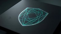 Abstract geometric wireframe shield shape with glowing turquoise neon lines on dark surface, modern digital design for technology and security concepts.