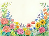 Watercolor floral frame with colorful spring flowers, roses, sunflowers and greenery on cream background for wedding invitations and greeting cards.