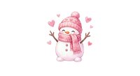 Cute pink snowman with knit hat and scarf spreading joy with raised arms surrounded by floating hearts on white background for winter designs.