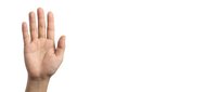 Human hand raised with open palm showing stop gesture on white background isolated for design and communication concepts.
