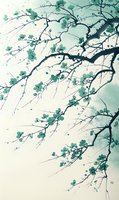 Delicate turquoise cherry blossoms on graceful branches against soft misty background, creating serene Asian-inspired botanical artwork for wall decor and design projects.