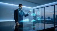 Professional businessman in suit interacting with holographic data visualization and charts in modern office with city skyline view at dusk.
