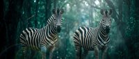 Two zebras standing in mystical forest with ethereal lighting and bokeh effects creating dreamy wildlife scene for nature photography and animal themed designs.