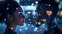 Young African American woman facing glowing silhouette of male figure with heart and light effects against dark background with blue bokeh lights and magical atmosphere.