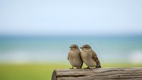 Two small brown sparrows perched together on weathered wooden fence with blurred ocean and green grass background creating peaceful coastal scene.