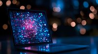 Glowing laptop screen displaying digital network visualization with pink and blue light pattern against dark background with bokeh lights.