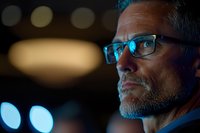 Mature businessman with glasses illuminated by blue light in dark environment, focused expression showing determination and concentration.