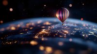 Hot air balloon floating above Earth at night with city lights glowing below, dreamy atmosphere with bokeh effects and starry sky creating magical aerial view.
