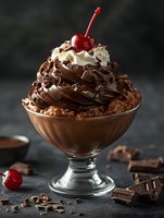 Decadent chocolate ice cream sundae with whipped cream and cherry in glass bowl on dark background for dessert menu and restaurant advertising.
