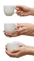 Hands holding white ceramic coffee mug in different positions isolated on white background for beverage and morning routine concepts.