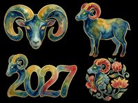 Watercolor ram set with 2027 year number and floral design, isolated on transparent background. Great for stickers, T-shirts, print on demand, and sublimation crafts.