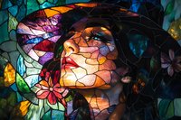 Stained glass style portrait of Asian woman's face illuminated with colorful light, surrounded by floral elements and vibrant mosaic patterns creating ethereal glow.