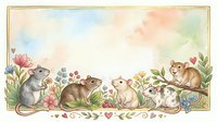 Adorable watercolor mice family gathering with floral border frame on soft pastel background for greeting cards, nursery decor and children's illustrations.