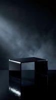 Modern black glass desk with minimalist design and chrome accents on reflective wet surface against dramatic stormy sky backdrop, suitable for contemporary interior design and product showcase.