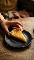Woman's hand reaching for a slice of glossy lemon tart on a dark ceramic plate atop a rustic wooden table in warm light.