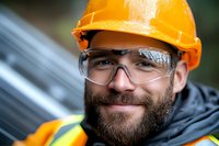 Bearded construction worker wearing orange hard hat and safety glasses smiles confidently at camera. Professional portrait showcasing workplace safety and protection gear.