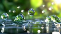 Water drops bouncing on reflective surface with green nature bokeh background, macro photography showing crystal clear liquid spheres and ripples.