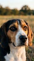 Beagle dog with tricolor coat looking at camera in outdoor field setting during golden hour, suitable for pet, animal, and lifestyle content.