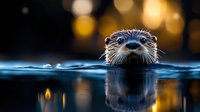 Adorable otter swimming at water surface with whiskers visible, golden bokeh lights creating magical atmosphere in background for wildlife photography.