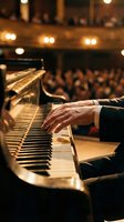 Pianist hands playing grand piano in elegant concert hall with warm lighting and audience in background for classical music performance and entertainment.