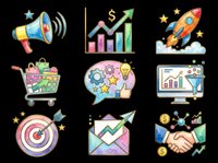 Watercolor business and marketing icon set isolated on transparent background. Includes megaphone, rocket, chart, cart, target, handshake. Ready for clipart, stickers, print on demand.