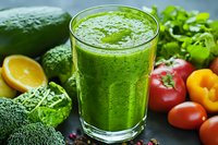 Fresh green vegetable and fruit smoothie in glass surrounded by healthy ingredients including broccoli, cucumber, tomatoes, citrus and herbs.