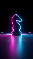 Neon chess knight piece glowing with vibrant pink and blue lights on reflective surface against dark background for strategic business concepts.