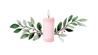 Soft pink burning candle with watercolor green leaves and red berries arrangement on white background, spiritual and mindfulness concept for wellness design.