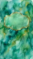 Watercolor emerald and teal abstract background with ornate gold frame, ideal for invitations, greeting cards, posters, and luxury branding designs.