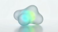 Translucent frosted glass blob with glowing cyan and lime green light gradients, isolated on white background for design projects and digital compositing.