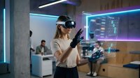 Young Caucasian businesswoman using VR headset with hand gestures in modern office with holographic interface and neon lighting for technology presentations.