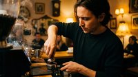 Skilled male barista preparing espresso coffee in cozy cafe interior with warm lighting and vintage decor atmosphere.