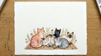 Adorable group of cats sitting together surrounded by delicate botanical elements on white paper, watercolor illustration for greeting cards and stationery.