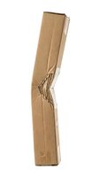 Damaged brown cardboard shipping box with torn corner revealing corrugated layers isolated on white background for packaging design concepts.