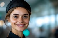 Young Caucasian female service worker wearing black cap and uniform smiling warmly at camera. Blurred turquoise background creates professional hospitality atmosphere.