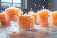 Orange Turkish delight cubes dusted with powdered sugar on reflective surface with dramatic lighting and flying sugar particles creating magical atmosphere.