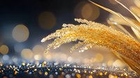 Golden wheat ear with morning dew drops against blurred bokeh background in warm sunlight creates dreamy atmospheric nature macro photography.