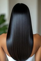 Long straight black glossy hair from behind on Asian woman wearing white top, showing smooth silky texture after keratin treatment or hair care procedure.