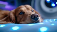 Golden retriever dog lying down with dreamy expression illuminated by blue bokeh lights, creating magical atmospheric mood for pet photography and social media content.