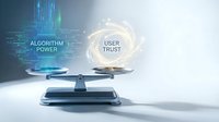 Digital scale balancing algorithm power and user trust with holographic displays showing technology ethics and AI transparency concepts.