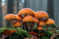 Vibrant orange amanita muscaria mushrooms growing in forest moss and fallen autumn leaves, with natural bokeh background creating magical woodland atmosphere.