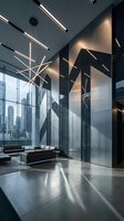 Modern luxury office lobby with geometric lighting fixtures and floor-to-ceiling windows overlooking city skyline for corporate interior design projects.
