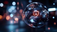 Glowing cybersecurity sphere with shield icons and digital network connections floating against dark background with bokeh lights, representing data protection.